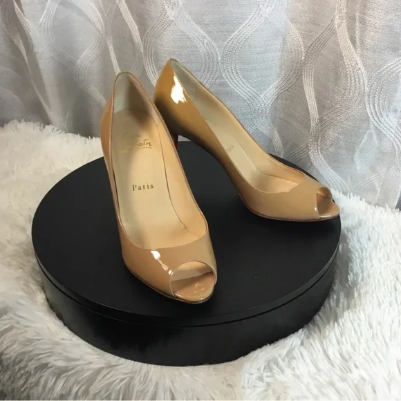 Christian Louboutin Beige Patent Peep-Toe Pumps - Picture 4 of 15